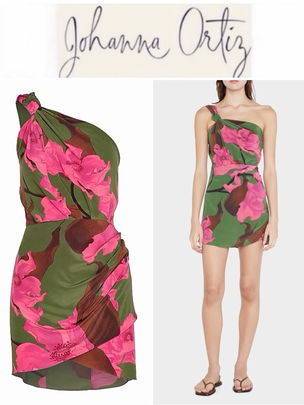 Johanna Ortiz San Basilio One-Shoulder Floral Mini Dress Green & Hot Pink Sz 2